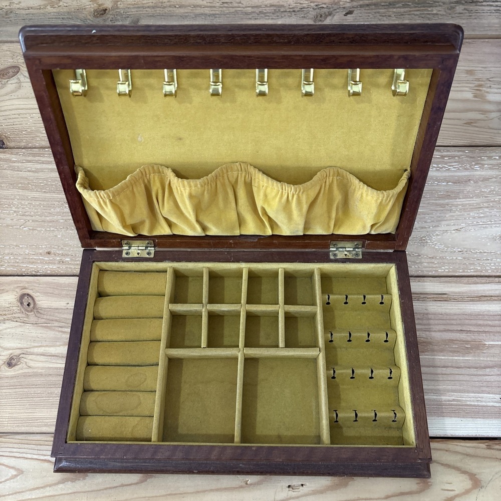 Vintage Wood Jewelry Box Yellow Velvet Lining Mid-Century Necklace & Ring Slots - Picture 3 of 5